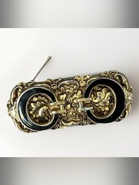 Antique Victorian-Style Pin Gold-tone & Black Enamel Mourning Brooch